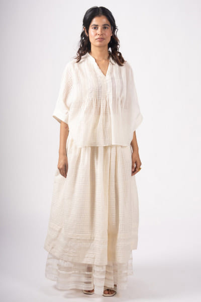 Subtle Shuttle Studio Off-white rib checks sheer maxi skirt SUBTAUG26D151463