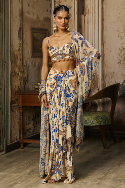Ivory printed and embellished draped skirt set