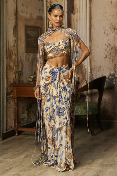 Ivory printed and fringed jacket skirt set