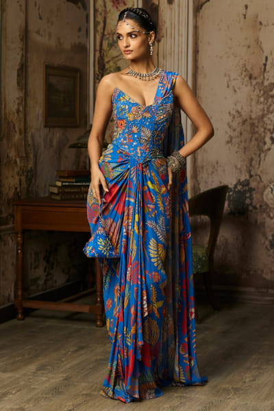 Blue print embellished pre-draped sari set
