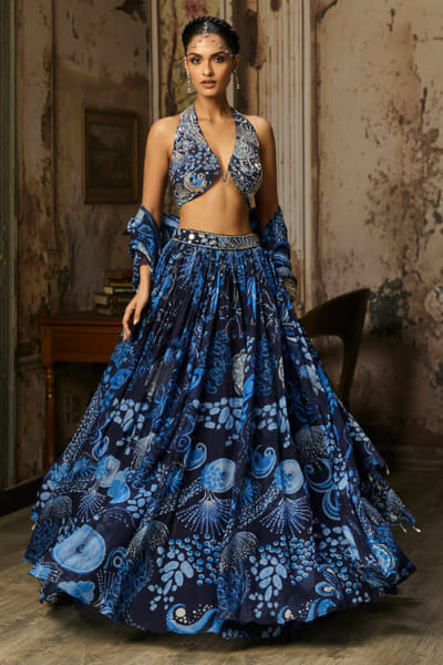 DiyaRajvvir Navy blue printed and embellished lehenga set DIYMAR26D139889