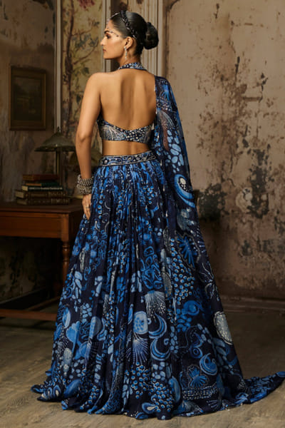 DiyaRajvvir Navy blue printed and embellished lehenga set DIYMAR26D139889