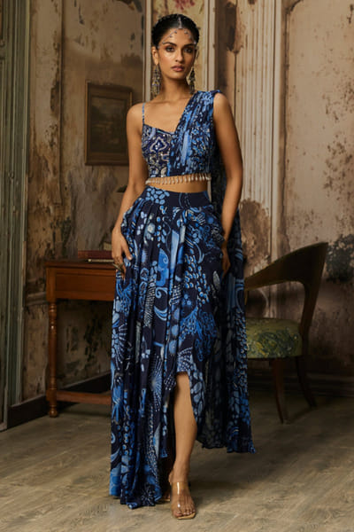 Navy blue printed-asymmetric drape skirt set