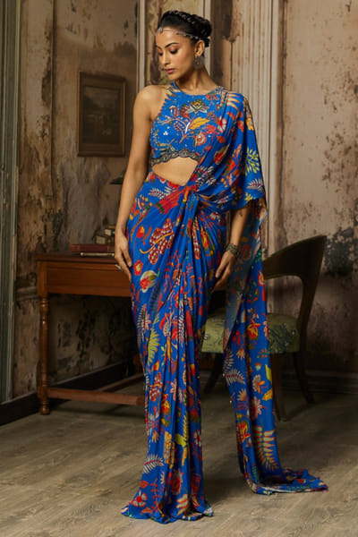 Blue printed and draped skirt sari set