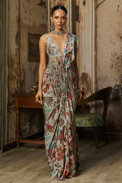 DiyaRajvvir Grey printed and embellished skirt sari set DIYMAR26D139897