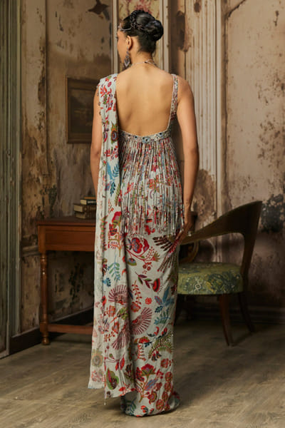 DiyaRajvvir Grey printed and embellished skirt sari set DIYMAR26D139897