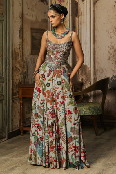 Grey printed and embellished corset gown