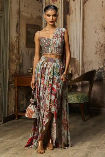 Grey printed and draped top-skirt set