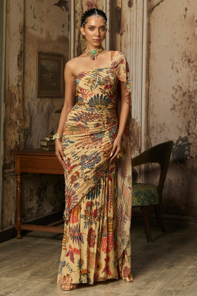 Beige printed and draped gown sari