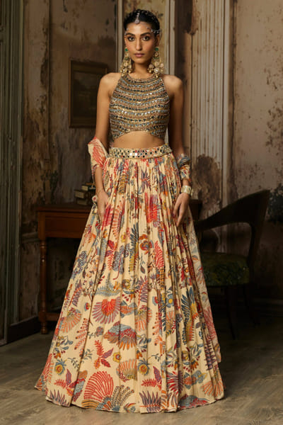 DiyaRajvvir Beige printed and embellished lehenga set DIYMAR26D139908