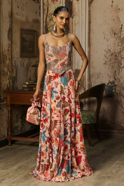 Blush pink printed and embellished corset gown