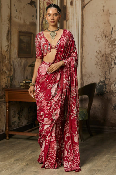 Maroon printed and embellished draped sari set