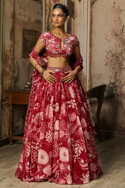 Maroon printed and embellished lehenga set