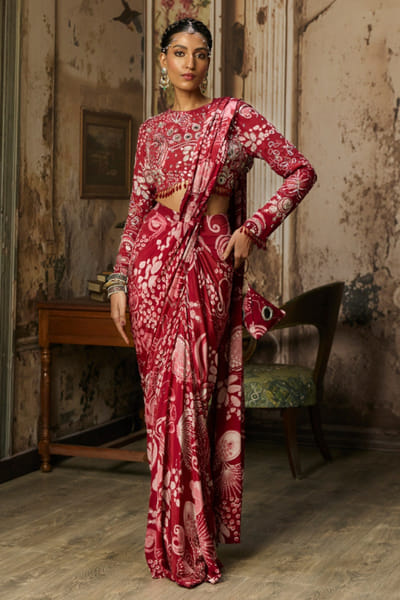 Maroon print embroidered pre-draped sari set