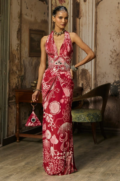 Maroon printed and embellished-belted dress