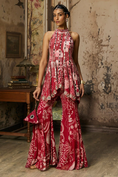 Maroon print embellished peplum sharara set