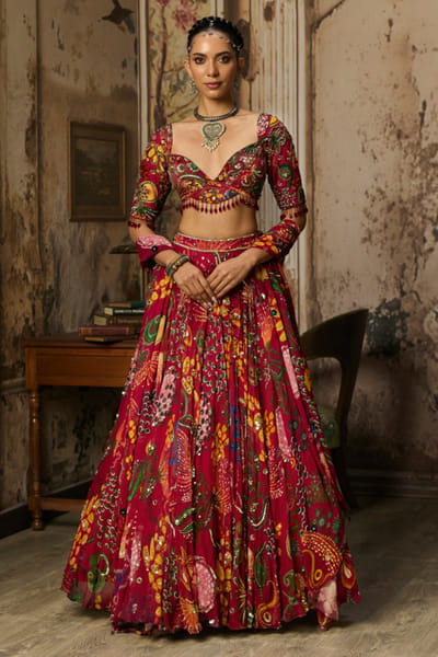 Deep red printed and embellished lehenga set