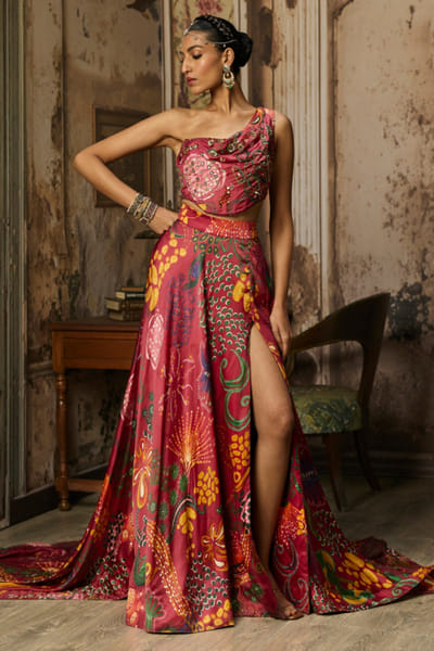 Deep red printed and embellished skirt set