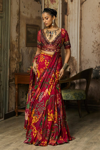 Deep red print embroidery drape skirt sari set