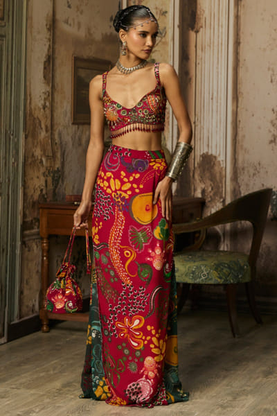Deep red print embellished skirt set