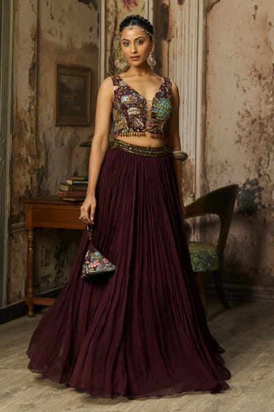 Plum printed and embellished skirt set