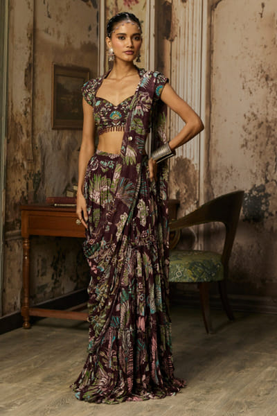 DiyaRajvvir Plum print embellished tiered draped sari set DIYMAR26D240000