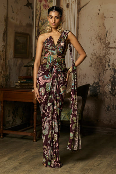DiyaRajvvir Plum printed and embellished drape sari set DIYMAR26D240001