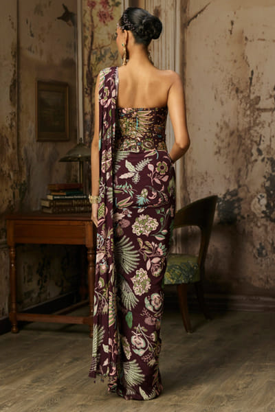 DiyaRajvvir Plum printed and embellished drape sari set DIYMAR26D240001