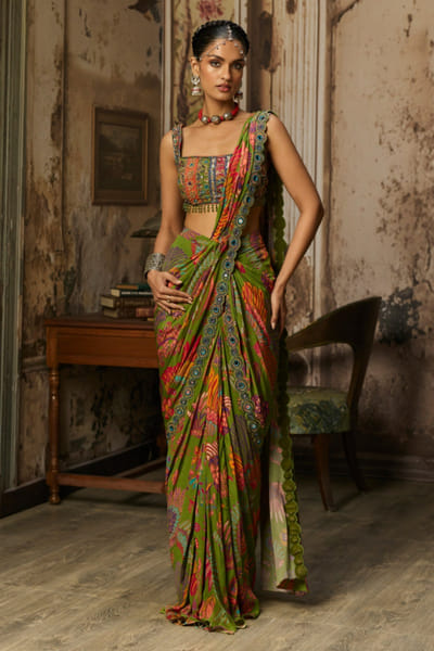 Green printed and embellished draped sari set