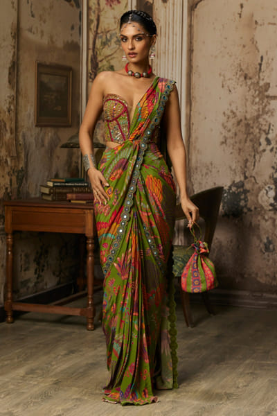 Green print embellished pre-draped sari set