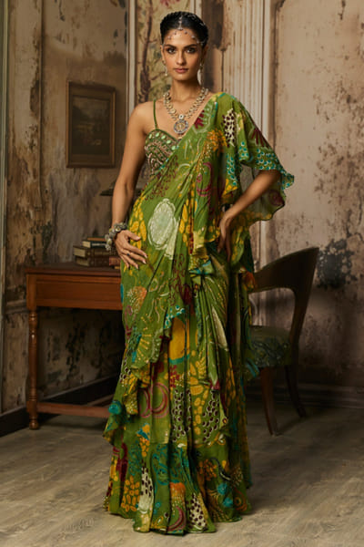Green print embellished ruffle-drape sari set