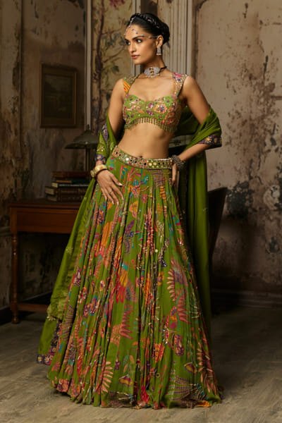 Green printed and embroidered lehenga set