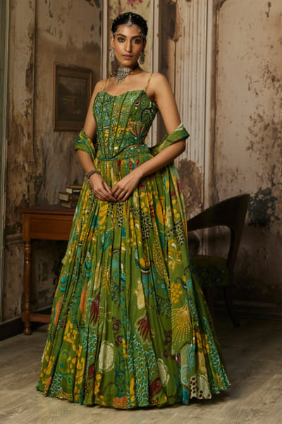 Green print embellished corset lehenga set