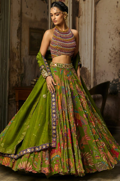 Green print embroidered lehenga set