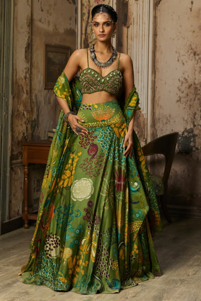 Sage green print embroidered lehenga set