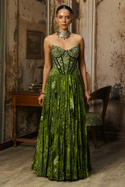 Sage green print embroidered corset gown