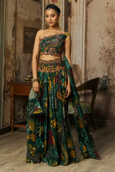 DiyaRajvvir Dark green print embellished sharara set DIYMAR26D240015