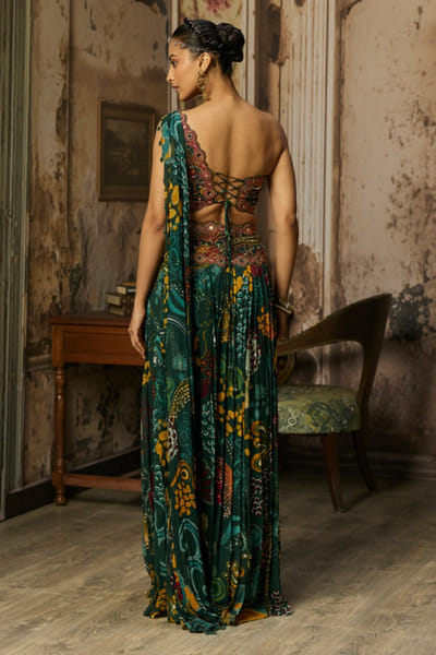 DiyaRajvvir Dark green print embellished sharara set DIYMAR26D240015