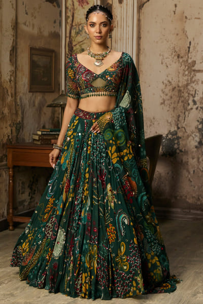 Dark green print embellished lehenga set