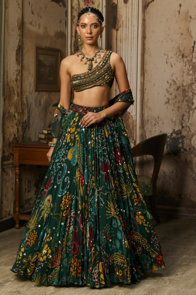 Dark green print embroidered lehenga set