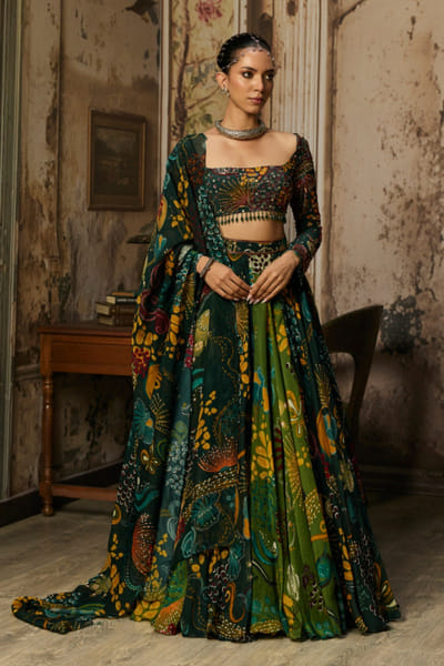 Dark green printed and embellished lehenga set