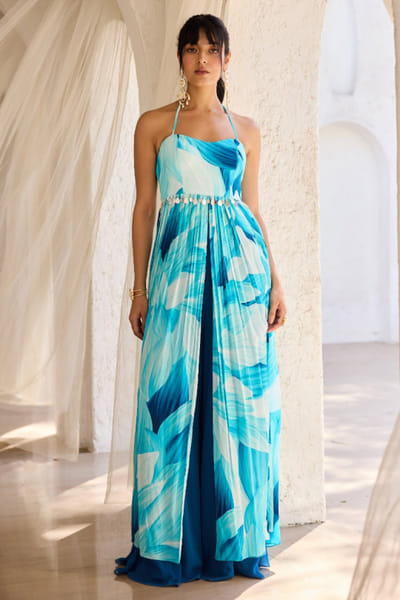 Blue petal printed tunic set