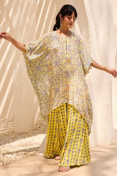 Yellow asymmetric printed tunic set