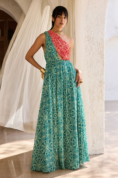Teal and pink floral printed dress