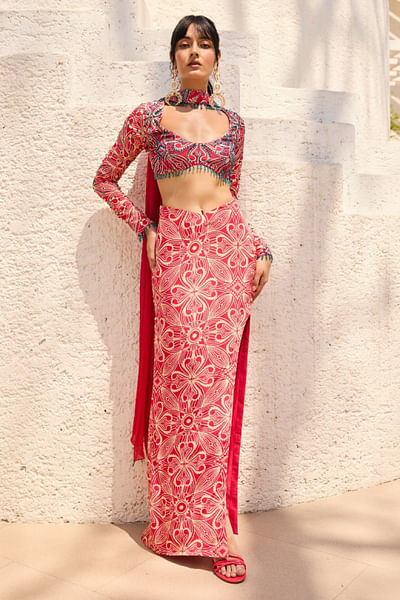 Pink floral printed skirt set