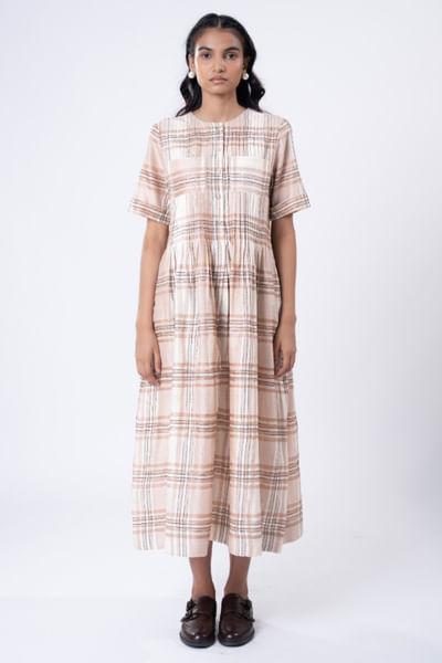 Beige pleated handwoven midi dress