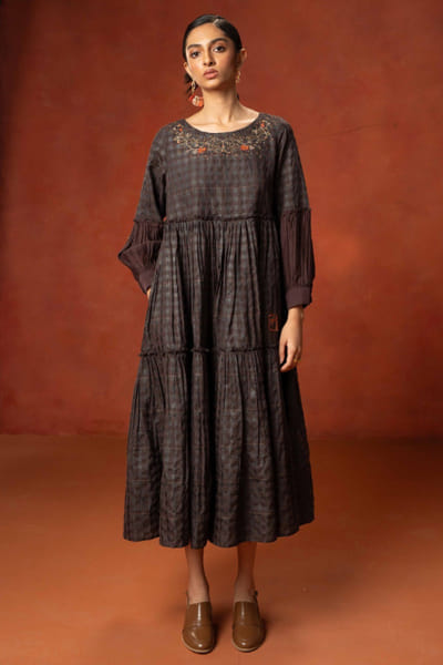 Subtle Shuttle Studio Brown floral embroidered handwoven dress SUBTJUN26D146450