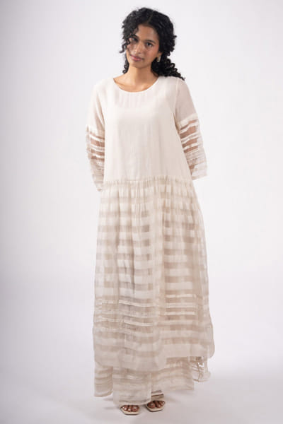 Subtle Shuttle Studio White woven sheer stripe layered maxi dress SUBTAUG26D151456