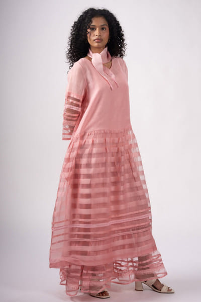 Subtle Shuttle Studio Pink woven sheer stripe layered maxi dress SUBTMAY26D143585