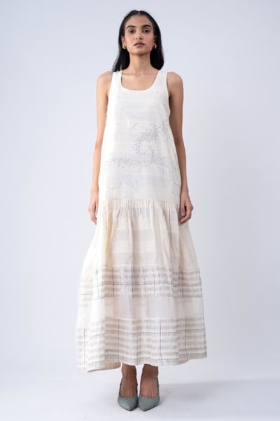 Off-white handwoven embroidered maxi dress